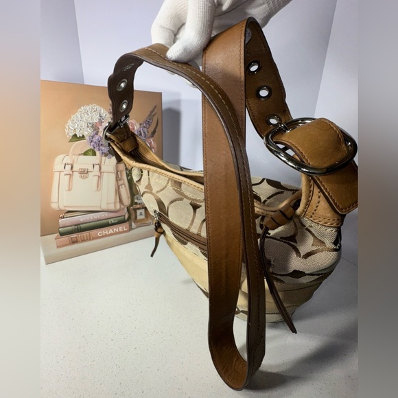 Coach Signature Logo Leather Trim Satchel Shoulder Handbag Purse w/ Guitar Strap - Picture 8 of 12